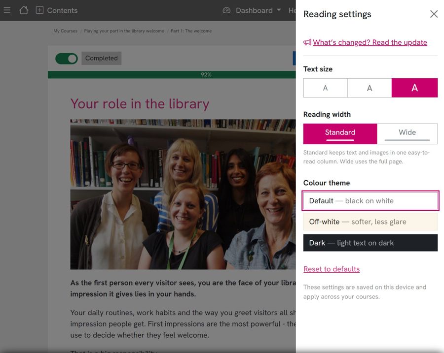 The Reading settings panel - pick your text size, reading width and color theme